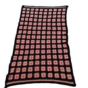 VTG Handmade Granny Square Afghan Throw Light & Dark Pink Black Border 34 x 60